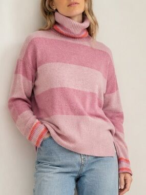 J.Crew XS Supersoft Merino Wool Alpaca Striped Turtleneck Sweater Pink